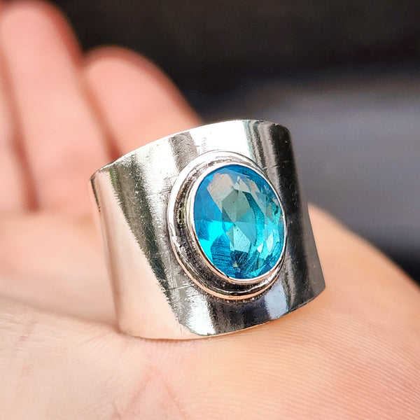 Rustic Handmade Solid 925 Sterling Silver & Natural Blue Topaz Cuff Ring