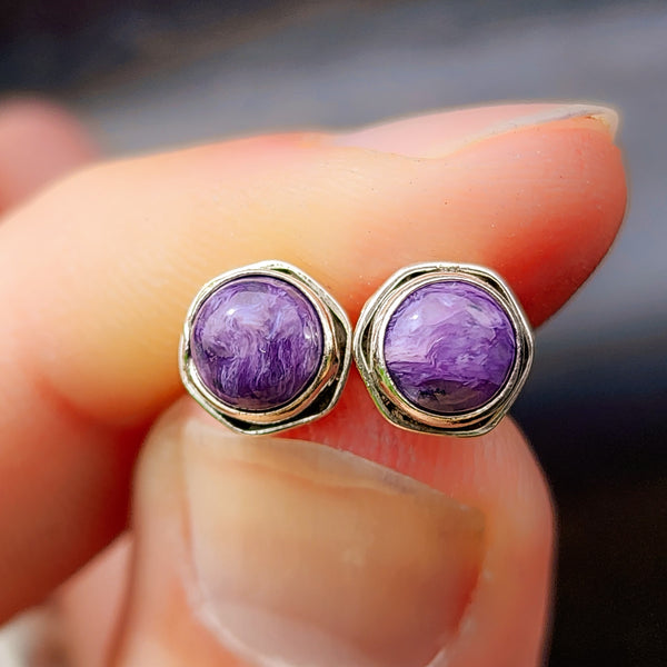 925 Sterling Silver & 6mm Natural Charoite Round Stud Earrings