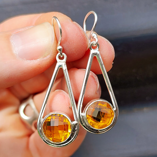 925 Sterling Silver & Natural Citrine Handmade Hanging Drop Hook Earrings