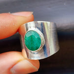 (Y) Solid Sterling Silver & Natural Emerald Handmade Rustic Cuff Ring