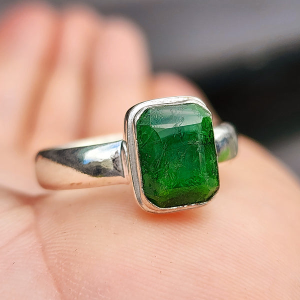 Rustic Solid 925 Sterling Silver & Natural Emerald Handmade Rectangle Ring