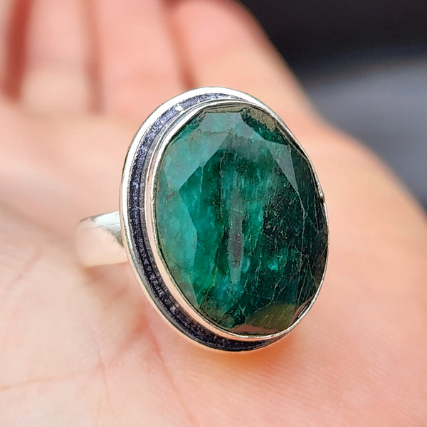 Solid Sterling Silver & Natural Emerald Handmade Solitaire Ring