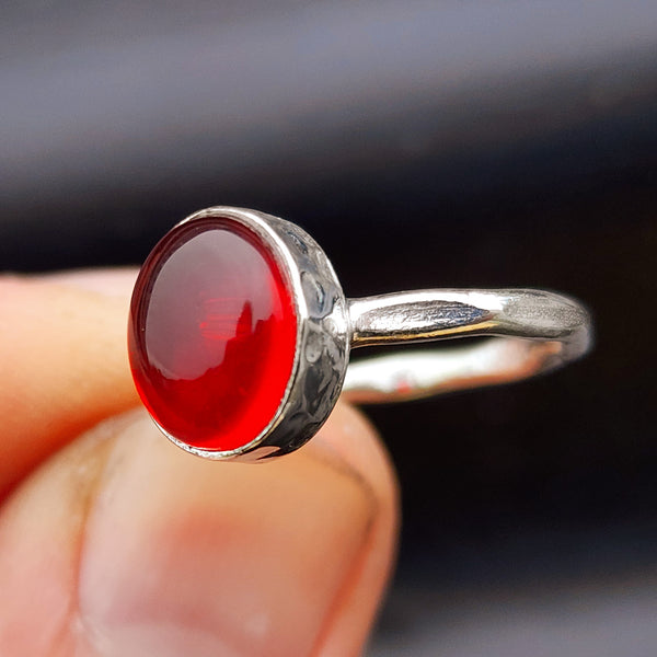Rustic Handmade Solid 925 Sterling Silver & Natural Garnet Hammer Finish Ring