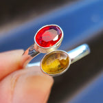 Solid 925 Sterling Silver & Natural Garnet & Citrine Double Stone Ring