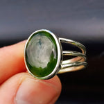 (T) Solid 925 Sterling Silver & Natural Greenstone Handmade 3 Bar Cage Ring