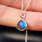 Solid 925 Sterling Silver & Natural Labradorite Faceted 9mm Drop Pendant Necklace