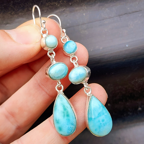 925 Sterling Silver & Natural Larimar 3x Setting Handmade Hanging Hook Earrings