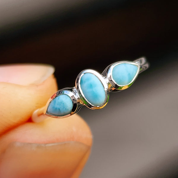 Solid 925 Sterling Silver & Natural Larimar 3x Setting Ring