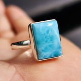 Solid 925 Sterling Silver & Natural Larimar Handmade Rectangle Ring
