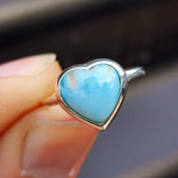 (Q) Solid 925 Sterling Silver & Natural Larimar Heart Ring