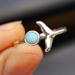 Adjustable Solid 925 Sterling Silver & Natural Larimar Whale Tail Ring