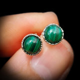 Solid 925 Sterling Silver & 7mm Natural Malachite Round Stud Earrings