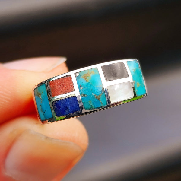 Solid 925 Sterling Silver & Natural Mixed Gemstone Band Ring