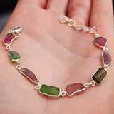 Solid 925 Sterling Silver & Natural Raw Mixed Tourmaline Chain Bracelet
