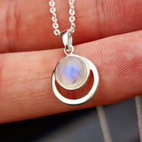 Solid 925 Sterling Silver & Natural Moonstone 12mm Round Pendant Necklace