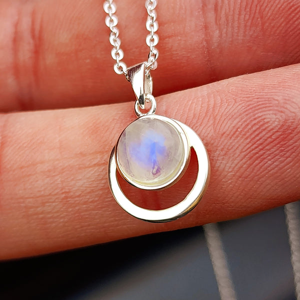 Solid 925 Sterling Silver & Natural Moonstone 12mm Round Pendant Necklace