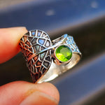 (Q) Solid 925 Sterling Silver & Natural Peridot Leaf Cuff Ring