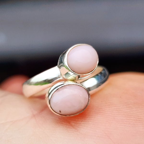 (Q) Solid 925 Sterling Silver & Natural Pink Opal Handmade Double Stone Ring