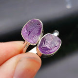 (Adjustable) 925 Sterling Silver & Natural Raw Amethyst Double Stone Ring