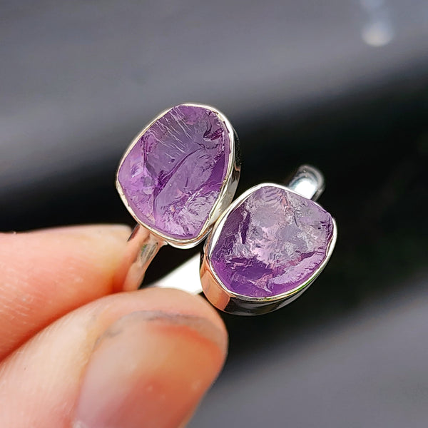 (Adjustable) 925 Sterling Silver & Natural Raw Amethyst Double Stone Ring