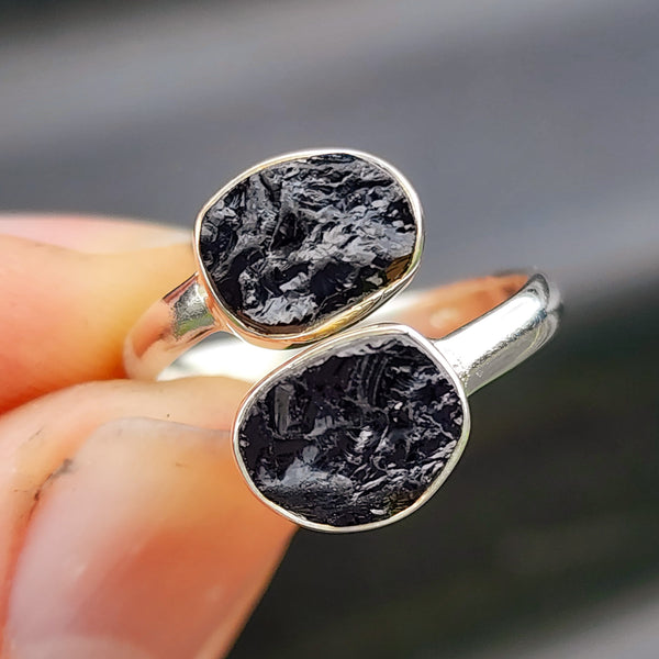 Rustic Solid 925 Sterling Silver & Natural Raw Black Double Tourmaline Handmade Ring