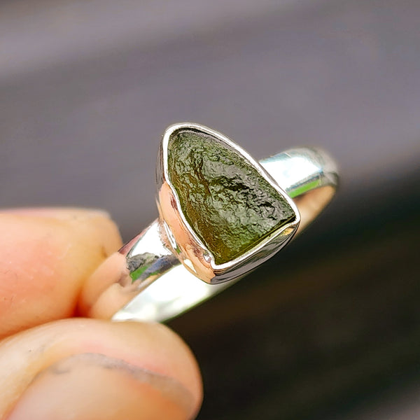 (T) Solid 925 Sterling Silver & Natural Raw Moldavite Handmade Irregular Ring