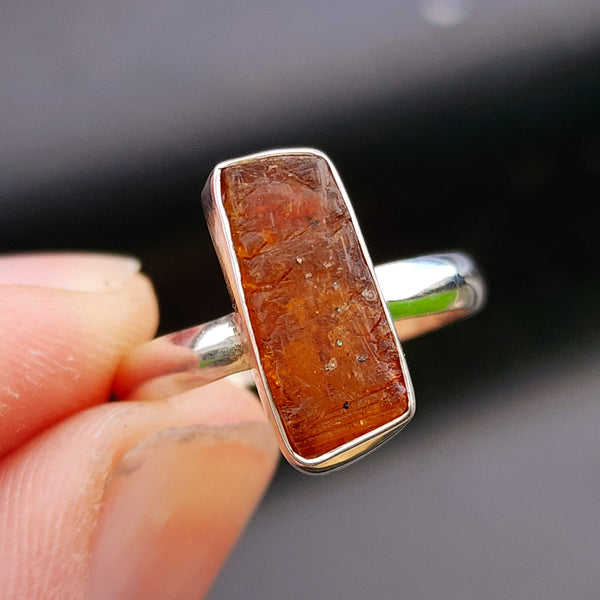 (T) Solid 925 Sterling Silver & Natural Raw Orange Kyanite Irregular Shaped Ring