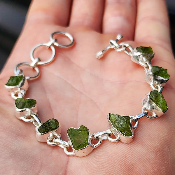 Solid 925 Sterling Silver & Natural Raw Peridot Handmade Chain Bracelet