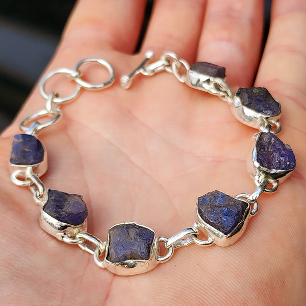 Solid 925 Sterling Silver & Natural Raw Tanzanite Handmade Chain Bracelet
