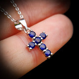 925 Sterling Silver & Blue Sapphire Small Cross Pendant Necklace