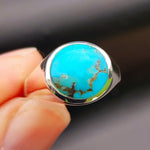 Solid 925 Sterling Silver & Natural Turquoise 12mm Round Signet Ring