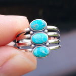 Solid 925 Oxidized Sterling Silver & Natural Turquoise 3 Setting Cage Ring