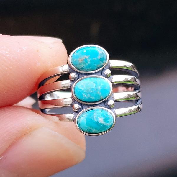 Solid 925 Oxidized Sterling Silver & Natural Turquoise 3 Setting Cage Ring