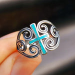 Solid 925 Sterling Silver & Natural Turquoise Cross Koru Heart Ring