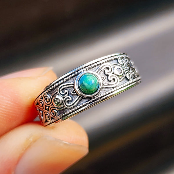 Solid 925 Sterling Silver & Natural Turquoise Patterned Band Ring