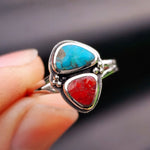 Solid 925 Sterling Silver & Natural Turquoise With Red Coral Double Stone Ring