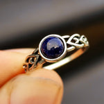 (Q) Solid 925 Oxidized Sterling Silver & Natural Sodalite Celtic Band Ring