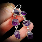 Rustic Sterling Silver & Natural Raw Amethyst Handmade 3x Setting Hanging Earrings