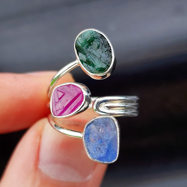(Adjustable) 925 Sterling Silver, Natural Raw Emerald, Ruby, Sapphire Handmade Ring