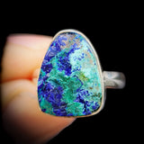 (Q) Solid 925 Sterling Silver & Natural Raw Azurite Handmade Irregular Ring