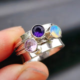 925 Sterling Silver, Rose Quartz, Amethyst, Opal Handmade Spinner Ring