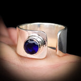 Solid 925 Sterling Silver & Blue Sapphire Handmade Wide Band Ring