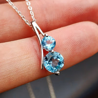 Solid 925 Sterling Silver & Sky Blue Topaz Double Stone Pendant Necklace