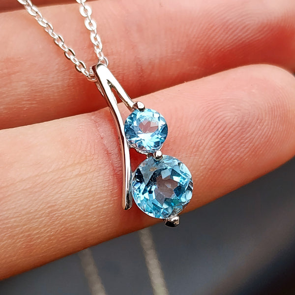 Solid 925 Sterling Silver & Sky Blue Topaz Double Stone Pendant Necklace
