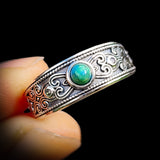 (T) Solid 925 Sterling Silver & Natural Turquoise Patterned Band Ring