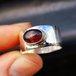 (T) Solid 925 Sterling Silver & Natural Garnet Wide Cuff Ring