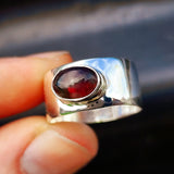 (T) Solid 925 Sterling Silver & Natural Garnet Wide Cuff Ring
