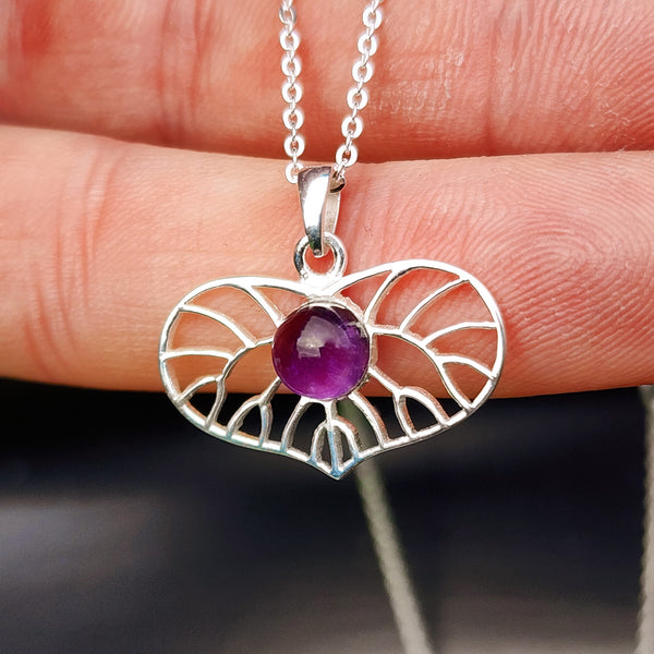 Solid 925 Sterling Silver & Natural Amethyst Heart Pendant Necklace