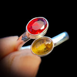 Solid 925 Sterling Silver & Natural Garnet & Citrine Double Stone Ring