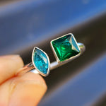 Solid 925 Sterling Silver With Natural Emerald & Topaz Double Setting Ring